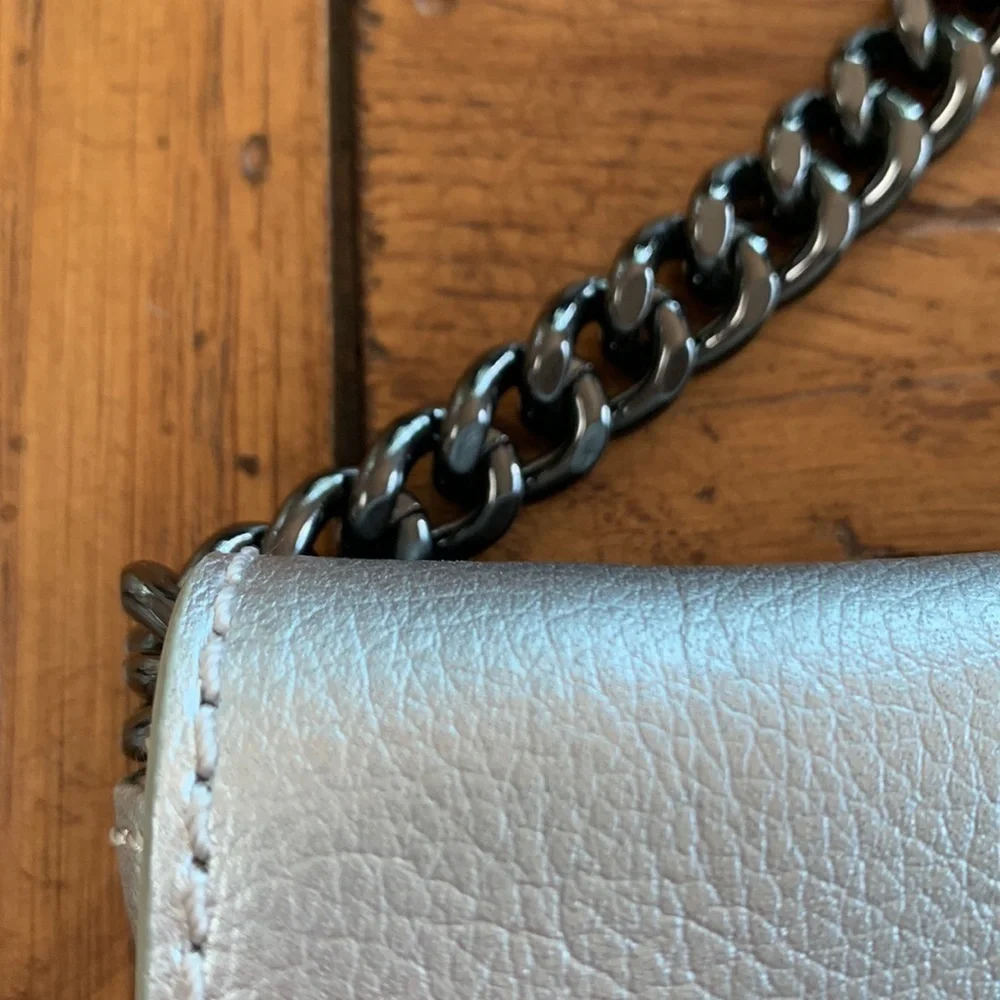 J. Crew Envelope Clutch Bag Convertible Shoulder Chain Silver Metallic Leather